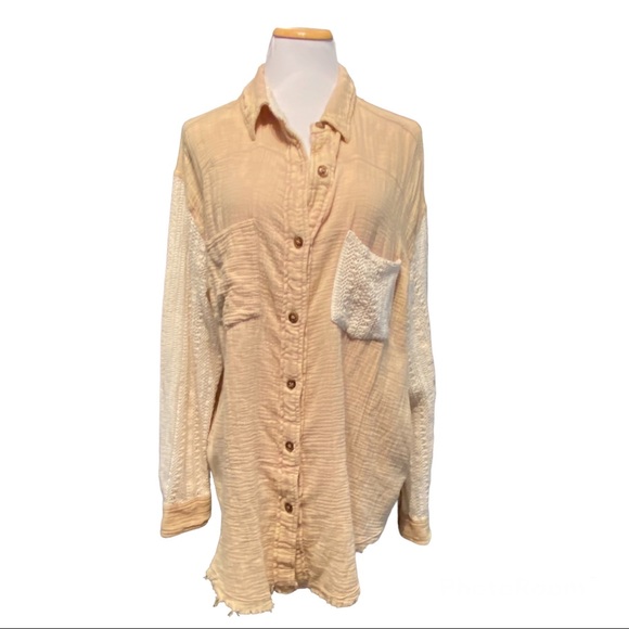 oli + Hali Tops - Oli + Hali Oversized Button Down with Crochet Sleeves